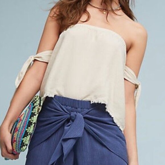 CLOTH & STONE ANTHROPOLOGIE ANTHRO Frayed Off the Shoulder Top Cream Boho Hippie - Picture 3 of 16
